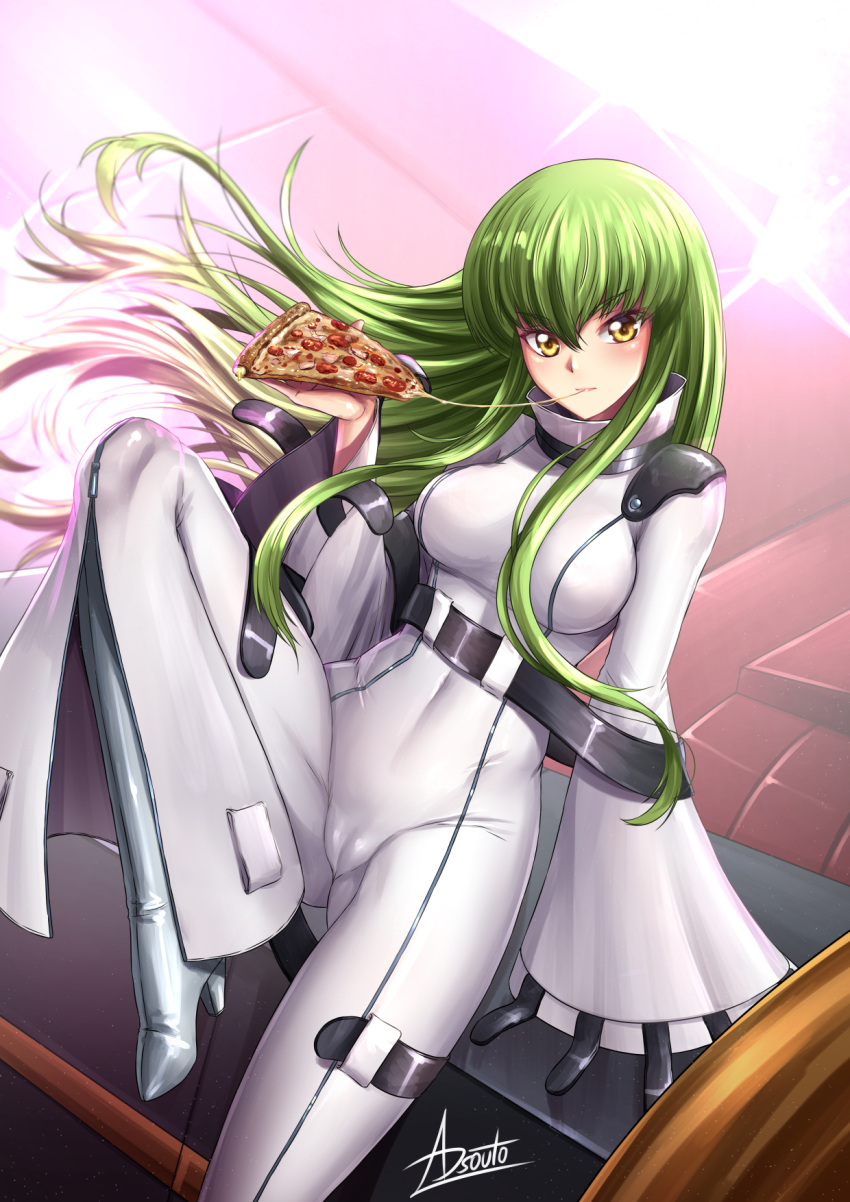 1girl adsouto bangs blush bodysuit breasts c.c. checkered checkered_neckwear code_geass eyebrows_visible_through_hair food green_hair highres holding holding_food holding_pizza long_hair long_sleeves looking_at_viewer medium_breasts pizza pizza_slice straitjacket striped_jacket thigh-highs very_long_hair white_bodysuit yellow_eyes