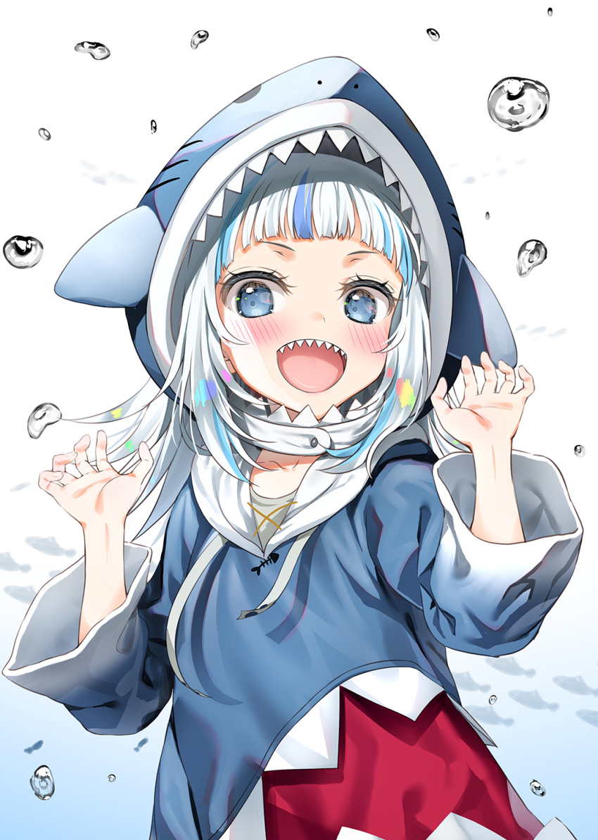 1girl animal_hood asahina_hikage blue_background blue_eyes blue_hair blue_jacket gawr_gura gradient gradient_background hands_up highres hololive hololive_english hood jacket long_sleeves multicolored_hair open_mouth shark_hood sharp_teeth smile solo teeth two-tone_hair virtual_youtuber white_background white_hair