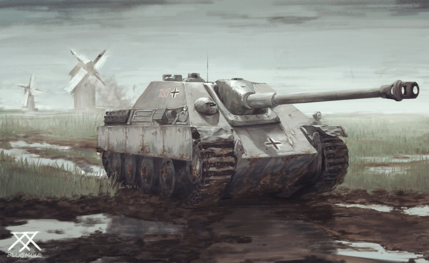 artist_name bluemole caterpillar_tracks clouds day emblem english_commentary grass ground_vehicle highres iron_cross jagdpanther military military_vehicle motor_vehicle mud no_humans original sky smoke tank tank_destroyer traditional_media water windmill