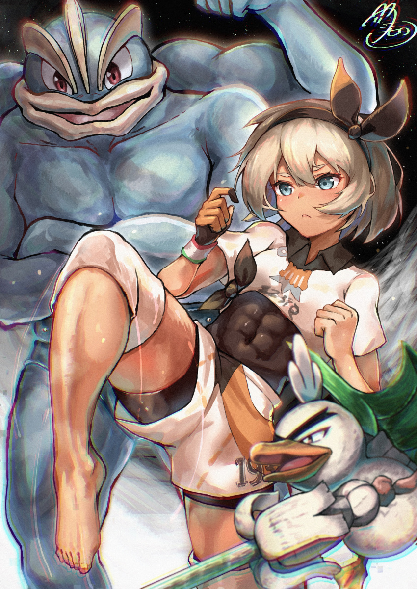 1girl absurdres bangs barefoot bea_(pokemon) black_bodysuit black_hairband blonde_hair blue_eyes bodysuit bodysuit_under_clothes bow_hairband clenched_hand closed_mouth collared_shirt commentary_request covered_abs dynamax_band eyelashes fueto_hiroki gen_1_pokemon gen_8_pokemon gloves gym_leader hair_between_eyes hairband highres knee_pads leg_up machamp number partially_fingerless_gloves pokemon pokemon_(creature) pokemon_(game) pokemon_swsh print_shirt print_shorts shirt short_hair short_sleeves shorts single_glove sirfetch'd tied_shirt toes