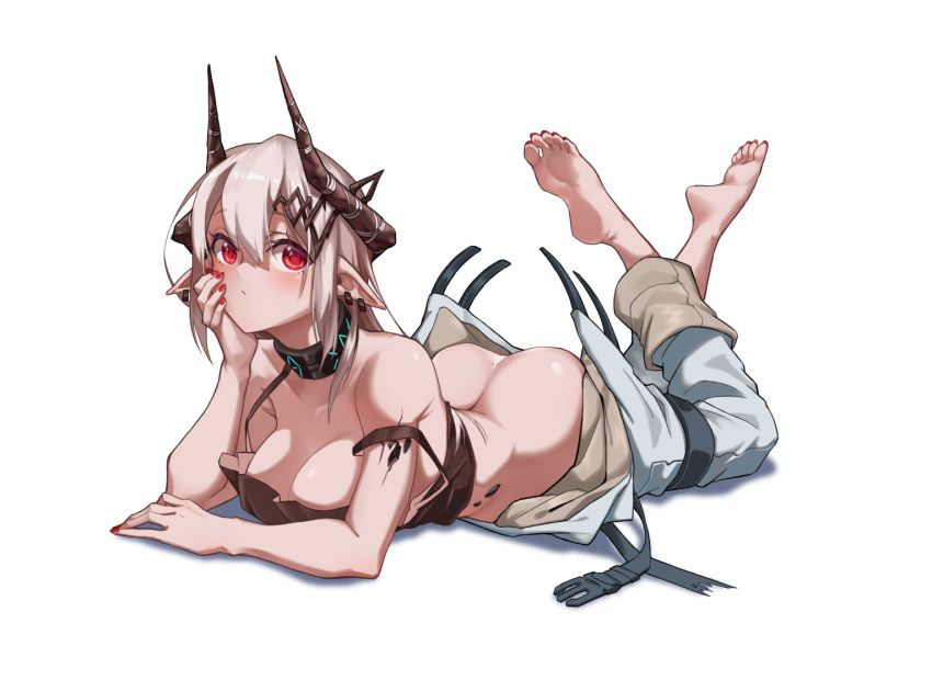 1girl arknights bare_back barefoot black_bra black_sports_bra bra breasts demon_girl demon_horns feet feet_up horns looking_at_viewer mudrock_(arknights) no_panties pants pixiv18254071 pointy_ears red_eyes silver_hair simple_background soles sports_bra tank_top underwear white_background