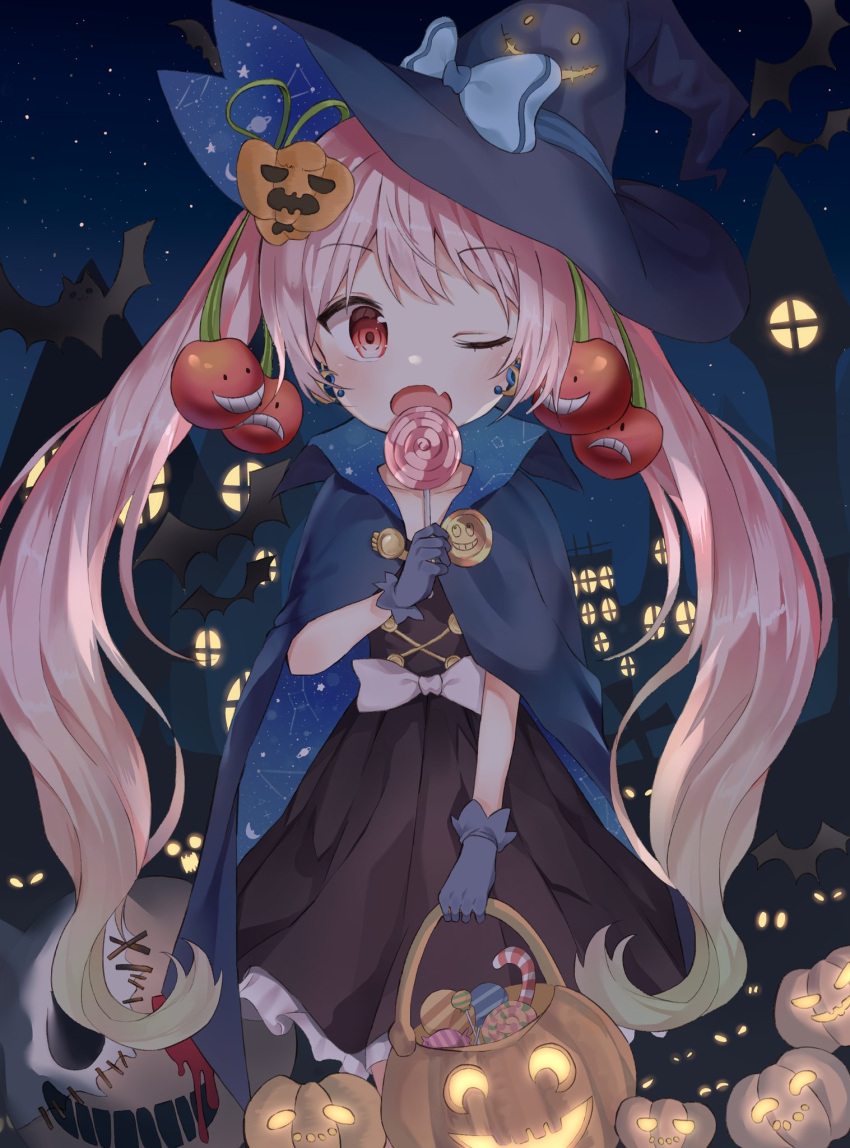 1girl bangs bat black_gloves blush candy cherry_hair_ornament cloak earrings eyebrows_visible_through_hair fang food food_themed_hair_ornament gloves hair_ornament halloween hat highres jack-o'-lantern jack-o'-lantern_hair_ornament jewelry lollipop looking_at_viewer myui_(user_kryg8332) night night_sky one_eye_closed open_mouth original pink_hair red_eyes skin_fang sky solo swirl_lollipop twintails witch_hat
