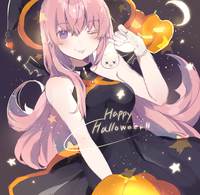 1girl :p black_dress black_headwear blue_eyes blush commentary crescent_moon dress halloween hand_up happy_halloween hat heart heremia highres holding jack-o'-lantern looking_at_viewer megurine_luka moon night night_sky one_eye_closed pink_hair pumpkin sky sleeveless sleeveless_dress smile star_(sky) symbol_commentary tongue tongue_out upper_body vocaloid witch_hat x_x