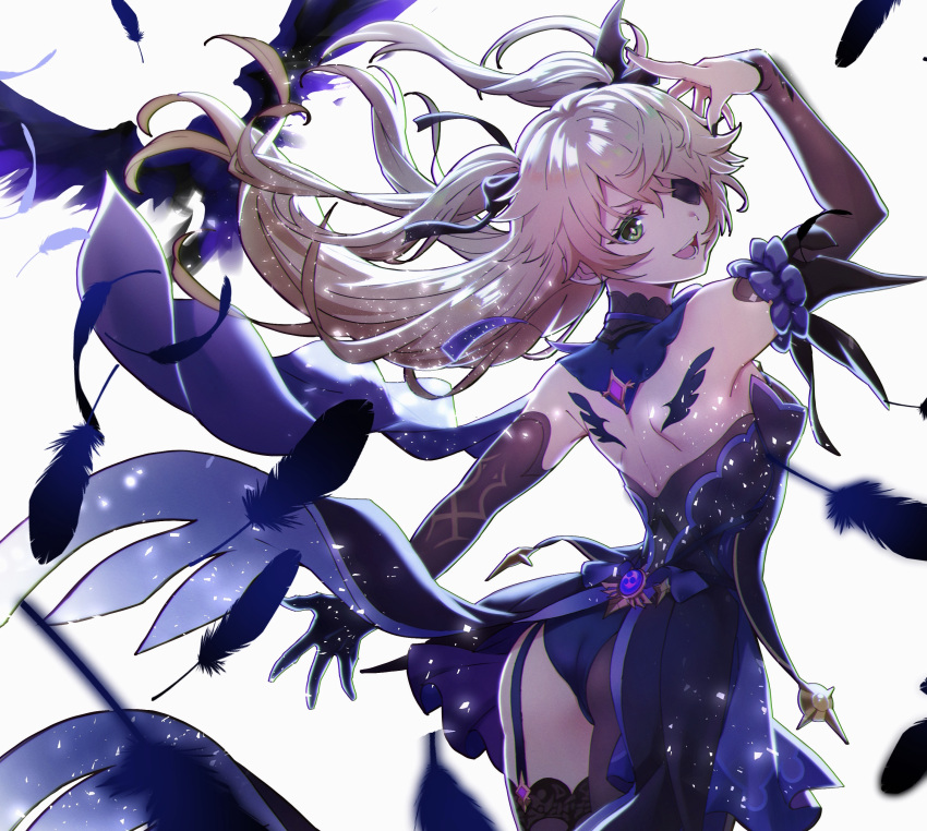 1girl :d absurdres arm_up ass back bare_shoulders bird black_legwear blonde_hair blush bodysuit bow breasts dress eyepatch feathers fischl_(genshin_impact) floating_hair garter_straps genshin_impact gloves green_eyes hair_over_one_eye hair_ribbon highres long_hair looking_at_viewer open_mouth raven_(animal) ribbon ripod single_thighhigh small_breasts smile solo thigh-highs two_side_up wind