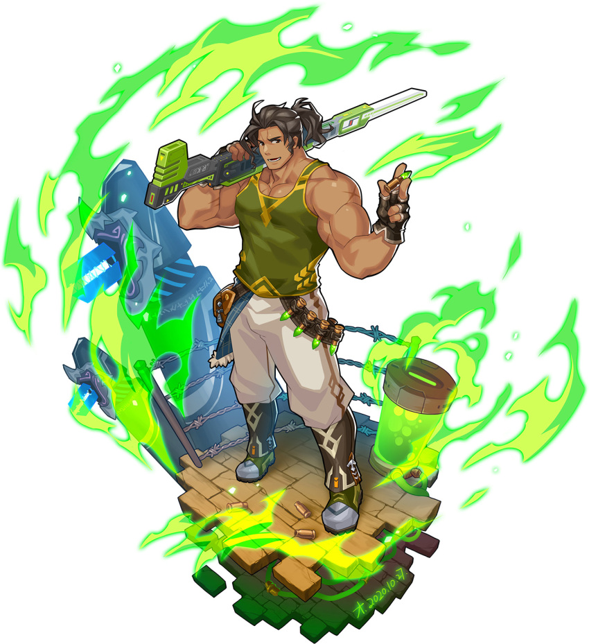 1boy bara bare_arms bare_shoulders biceps black_hair chest dragalia_lost fingerless_gloves full_body gloves green_tank_top highres long_hair looking_at_viewer lrpanda00 male_focus muscle over_shoulder ranzal sideburns solo tank_top thick_thighs thighs tied_hair weapon weapon_over_shoulder