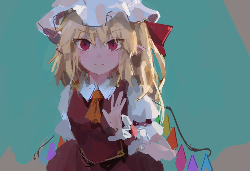 1girl aqua_background ascot blonde_hair blush closed_mouth crystal eyebrows_visible_through_hair flandre_scarlet frilled_cuffs hair_ribbon hat looking_at_viewer medium_hair mob_cap one_side_up pointy_ears puffy_short_sleeves puffy_sleeves red_eyes red_ribbon red_skirt red_vest reddizen ribbon short_sleeves simple_background sketch skirt slit_pupils solo touhou upper_body v-shaped_eyebrows vest white_headwear wings wrist_cuffs yellow_neckwear