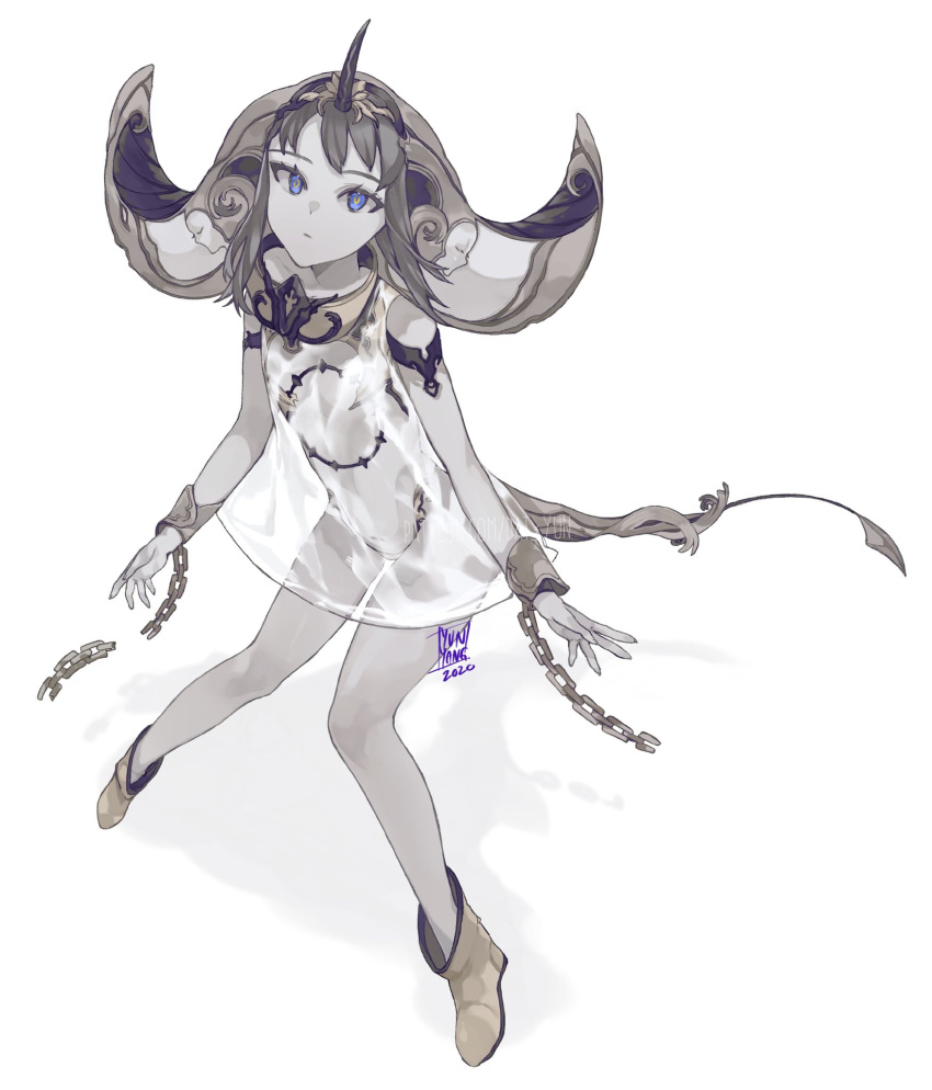 1girl ankle_boots boots bracelet broken broken_chain chain closed_mouth dated dot_nose flat_chest highres horns jewelry looking_at_viewer medium_hair multiple_horns navel original outstretched_arms panties see-through_dress signature simple_background single_horn solo spot_color spread_arms standing tail underwear violet_eyes white_background yun-yang