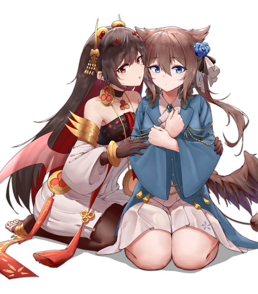 2girls :o absurdres animal_ears bangs black_gloves black_hair blue_eyes blue_robe breasts brown_hair character_request choker collarbone colored_inner_hair crossed_arms dress flower gloves hair_between_eyes hair_flower hair_ornament hands_on_another's_arms highres jewelry kafeifeifeifeifeifei_jiemo_jun kneeling long_hair looking_at_viewer lucia_(punishing:_gray_raven) medium_breasts mole mole_under_eye multicolored_hair multiple_girls necklace pantyhose pleated_dress punishing:_gray_raven red_eyes redhead sidelocks simple_background tail toes white_background white_dress wide_sleeves