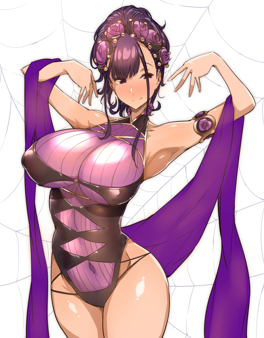 1girl armlet armpits bangs bare_shoulders black_swimsuit blush breasts closed_mouth covered_navel fate/grand_order fate_(series) flower gold_trim hair_flower hair_ornament hair_up hands_up highleg highleg_swimsuit highres large_breasts long_hair looking_at_viewer murasaki_shikibu_(fate) murasaki_shikibu_(swimsuit_rider)_(fate) one-piece_swimsuit purple_hair shawl silk smile spider_web swimsuit thighs tokiwa_midori_(kyokutou_funamushi) violet_eyes white_background