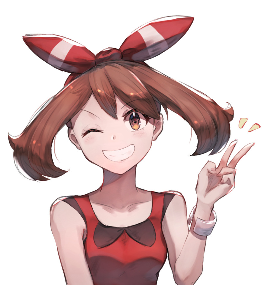 1girl bangs bow_hairband bracelet breasts brown_eyes brown_hair collarbone commentary_request eyelashes fingernails hairband hand_up highres jewelry looking_at_viewer may_(pokemon) odd_(hin_yari) one_eye_closed pokemon pokemon_(game) pokemon_oras red_hairband shirt sleeveless sleeveless_shirt smile solo teeth upper_body v white_background