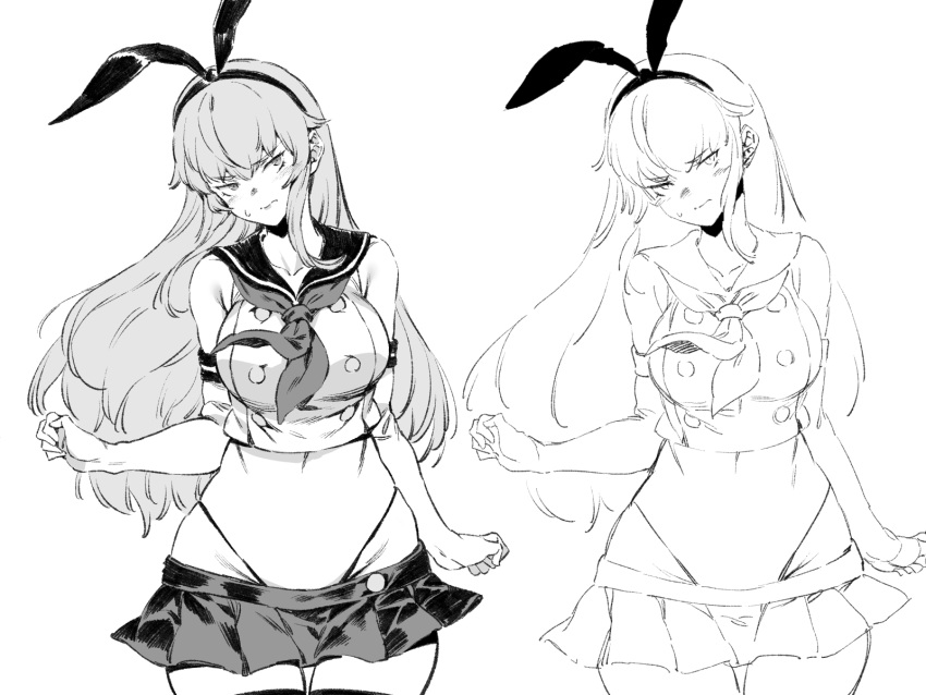 1girl alternate_breast_size bacius breasts elbow_gloves g-string gloves greyscale highres kantai_collection large_breasts long_hair microskirt miniskirt monochrome navel older shimakaze_(kantai_collection) simple_background sketch skirt thigh-highs thong very_long_hair white_background