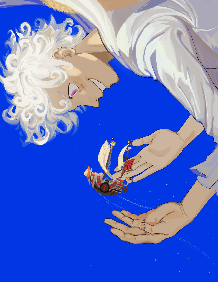 1boy absurdres blue_background commentary from_side gear_fifth giant grin highres male_focus monkey_d._luffy one_piece open_hand parted_lips pirate_ship profile scar scar_on_cheek scar_on_face shirt short_hair smile solo thousand_sunny transformation upper_body white_hair white_shirt yao_yasan