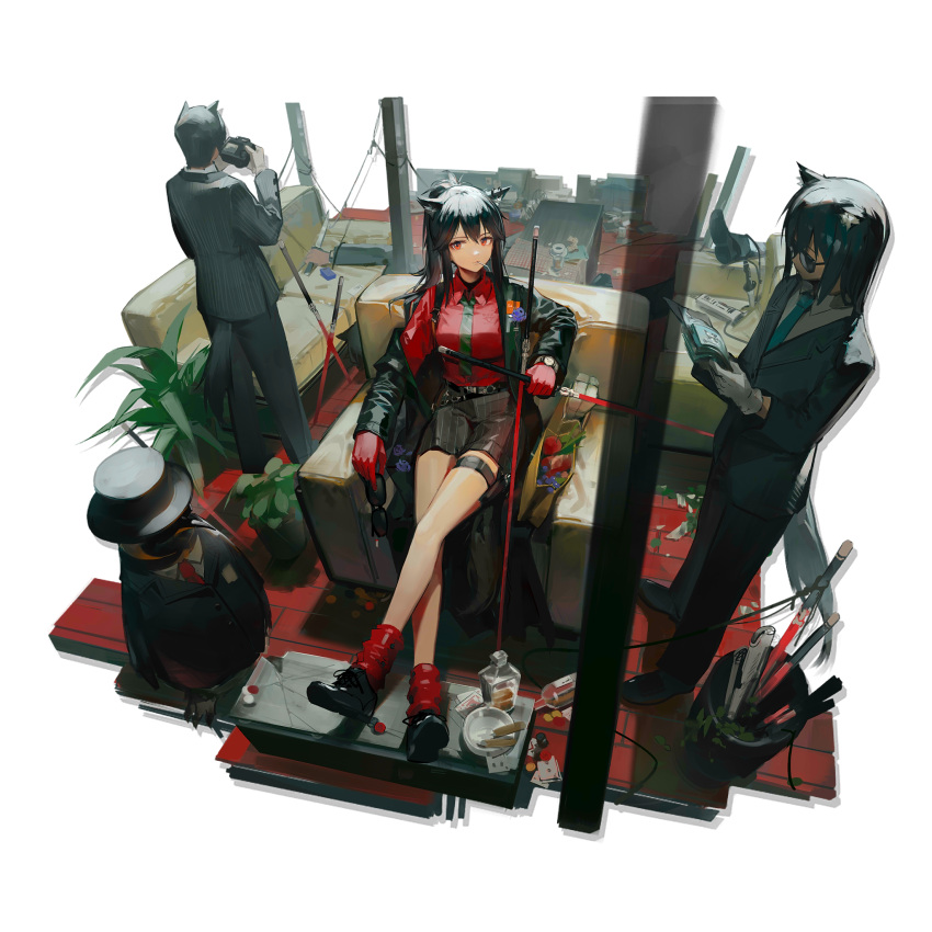 1boy 1girl 2others animal_ears arknights armchair bangs bare_legs black_footwear black_hair blazer chair gloves grey_jacket grey_pants hair_between_eyes highres holding huanxiang_heitu jacket long_hair long_sleeves looking_at_viewer mouth_hold multiple_others necktie off_shoulder official_art pants plant red_eyes red_gloves red_legwear red_shirt shirt shoes sitting socks standing sunglasses tail texas_(arknights) the_emperor_(arknights) thigh_strap transparent_background watch watch white_gloves wolf_ears wolf_tail