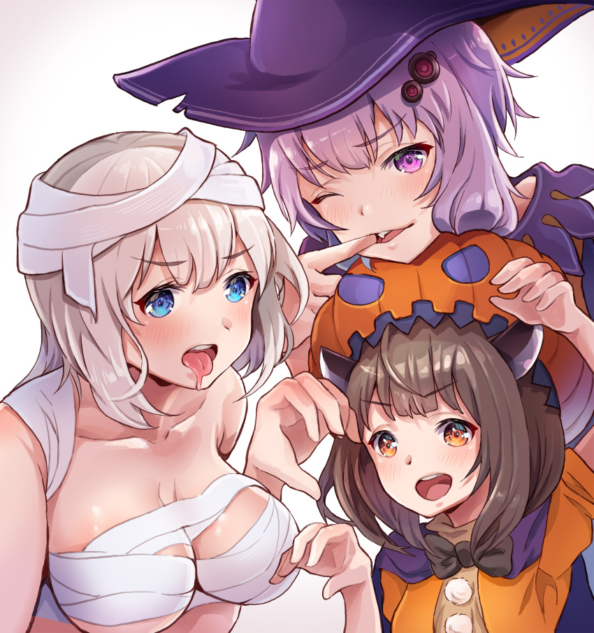 3girls absurdres bandaged_head bandages bangs blue_eyes blunt_bangs breasts brown_eyes brown_hair claw_pose commentary fang finger_in_mouth hair_ornament halloween halloween_costume hands_up hat headgear highres kizuna_akari large_breasts leaning_forward long_hair looking_at_viewer multiple_girls mummy one_eye_closed open_mouth orange_headwear pumpkin_hat purple_hair purple_headwear rokuyasuhara saliva short_hair silver_hair tongue tongue_out touhoku_kiritan upper_body violet_eyes voiceroid white_background witch_hat yuzuki_yukari