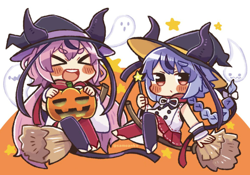 &gt;_&lt; 2others asymmetrical_sleeves black_legwear blue_hair blush_stickers broom broom_riding chibi closed_eyes commentary detached_sleeves facing_viewer ghost halloween hat holding holding_jack-o'-lantern holding_wand horns jack-o'-lantern japanese_clothes looking_at_viewer meika_hime meika_mikoto mismatched_legwear multiple_others open_mouth pink_eyes pink_hair red_legwear red_skirt same_anko shirt skirt smile star_(sky) star_wand thick_eyebrows vocaloid wand white_shirt wide_sleeves witch_hat