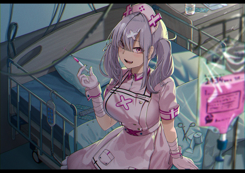 1girl apron bandages bed blush breasts drugs gloves green_hair hair_over_one_eye hat hospital hospital_bed huge_breasts indoors intravenous_drip looking_at_viewer nijisanji noeru nurse nurse_cap open_mouth pill pillow pink_eyes scissors sidelocks sitting solo sukoya_kana syringe twintails white_gloves wrist_cuffs wristband