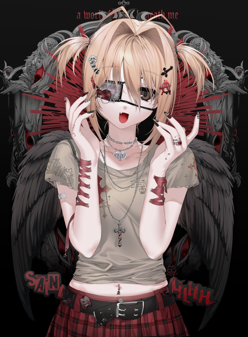 1girl :d angel_wings antenna_hair artist_name bandaid belt black_background black_nails black_wings bow brown_eyes brown_shirt chain chain_necklace character_name collarbone corset_piercing cross cross_hair_ornament eyebrows_visible_through_hair eyepatch fang gem grunge_(genre) hair_between_eyes hair_intakes hair_ornament highres jewelry light_brown_hair lilith_(unxi) mole mole_under_eye nail_art navel navel_piercing open_mouth original piercing plaid plaid_skirt red_bow red_nails red_skirt ring shirt short_hair skirt skull_hair_ornament smile striped_nails two_side_up unxi wings