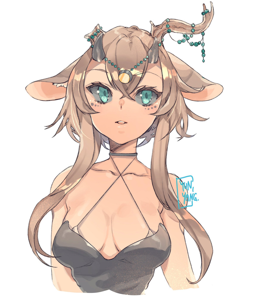 1girl animal_ears antler_ornament bare_shoulders blue_eyes breasts broken_antler brown_hair criss-cross_halter grey_choker grey_sclera halterneck highres horns long_hair medium_breasts original parted_lips sidelocks signature simple_background single_antler smile solo upper_body white_background yun-yang