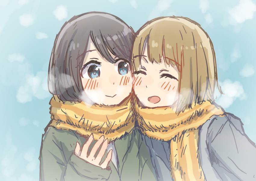 2girls absurdres betock black_hair blue_eyes blush breath brown_hair cheek-to-cheek closed_eyes highres multiple_girls original scarf shared_scarf sketch smile winter_clothes yuri