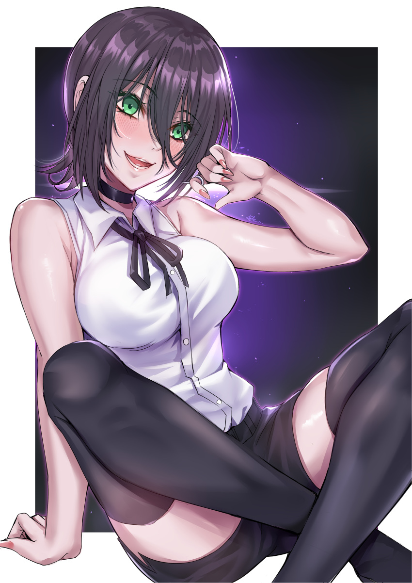 1girl :d absurdres ass black_hair black_legwear blush breasts chainsaw_man choker green_eyes gu_li hair_between_eyes highres indian_style open_mouth reze_(chainsaw_man) short_hair shorts sitting sleeveless smile solo teeth thigh-highs zettai_ryouiki