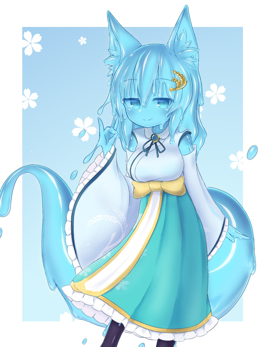 1girl absurdres animal_ear_fluff animal_ears blue_background blue_eyes blue_hair blue_sclera blue_skin blue_skirt border closed_mouth commission detached_sleeves fang fang_out feet_out_of_frame fox_ears fox_girl fox_shadow_puppet fox_tail hair_ornament high-waist_skirt highres japanese_clothes jitome kixyuresu long_sleeves looking_at_viewer monster_girl original skeb_commission skin_fang skirt slime_girl smile solo standing tail white_border