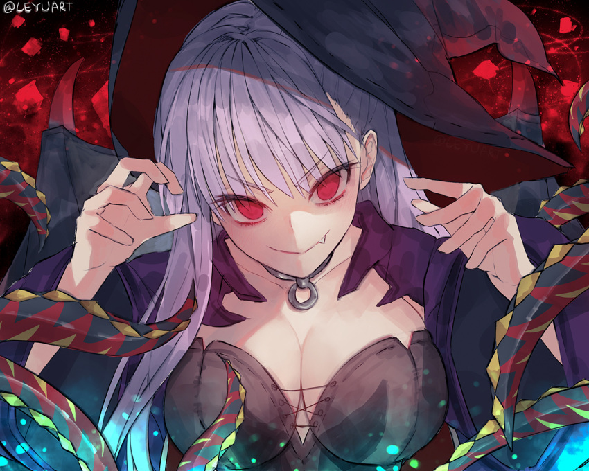 1girl bangs bb_(fate)_(all) bb_(fate/extra_ccc) breasts collar demon_wings eyebrows_visible_through_hair fang fate_(series) halloween hat large_breasts leyu looking_at_viewer purple_hair red_eyes smile solo tentacles upper_body wide_sleeves wings witch witch_hat