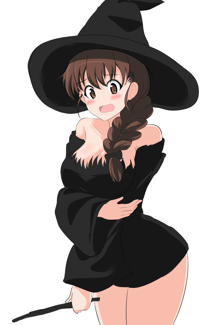 1girl absurdres aikir_(jml5160) arm_grab barefoot black_dress black_headwear black_ribbon blush braid brown_eyes brown_hair commentary cowboy_shot dress frown girls_und_panzer hair_ornament hair_over_shoulder hair_ribbon hairclip halloween halloween_costume hat highres holding holding_wand long_hair long_sleeves looking_at_viewer microdress off-shoulder_dress off_shoulder open_mouth ribbon rukuriri_(girls_und_panzer) simple_background single_braid solo standing wand white_background witch_costume witch_hat