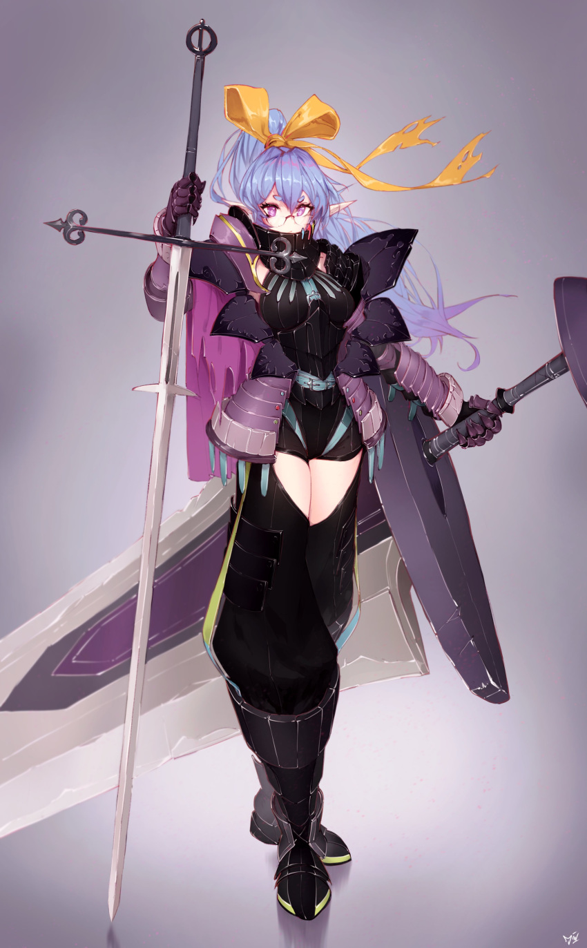 1girl absurdres blue_hair dual_wielding english_commentary glasses highres holding holding_sword holding_weapon huge_weapon indie_virtual_youtuber jin_grey_paladin long_pointy_ears pointy_ears rae_laviere solo sword violet_eyes virtual_youtuber weapon