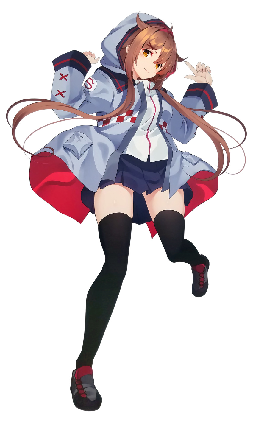 1girl absurdres alternate_costume bangs black_legwear blue_jacket blue_skirt blush brown_eyes brown_hair closed_mouth hair_ornament hairband highres hood hood_up index_finger_raised jacket kantai_collection kujou_ichiso long_hair long_sleeves official_art red_hairband remodel_(kantai_collection) shiratsuyu_(kantai_collection) shoes skirt sneakers solo thigh-highs transparent_background x_hair_ornament