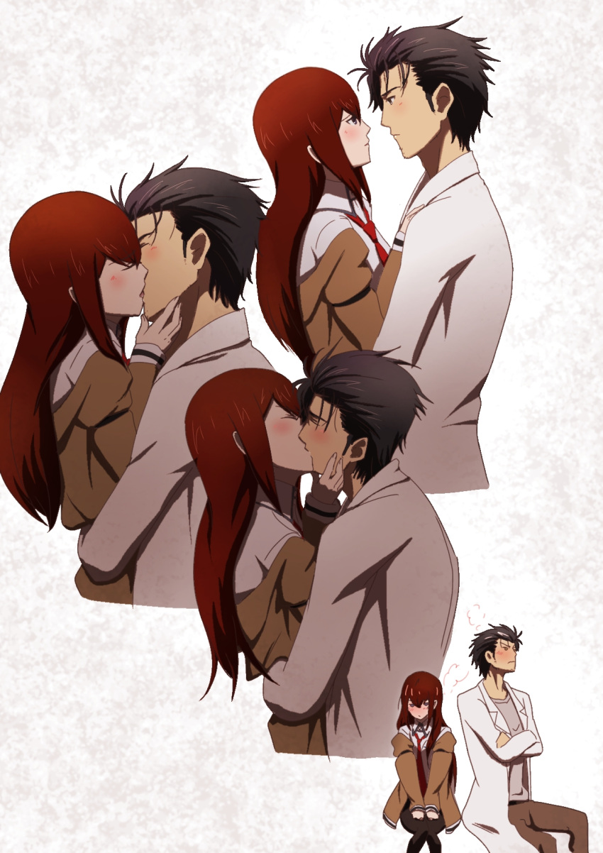 1boy 1girl black_hair black_legwear blue_eyes blush brown_coat brown_eyes brown_pants closed_mouth coat collared_shirt couple crossed_arms embarrassed eye_contact french_kiss grey_shirt hetero highres hug imminent_kiss invisible_chair kiss labcoat long_hair looking_at_another looking_away makise_kurisu necktie okabe_rintarou open_clothes open_coat pants pantyhose parted_lips red_neckwear redhead shiny shiny_hair shirt short_hair sitting steins;gate straight_hair tayutau0a0 very_long_hair white_background white_shirt wing_collar