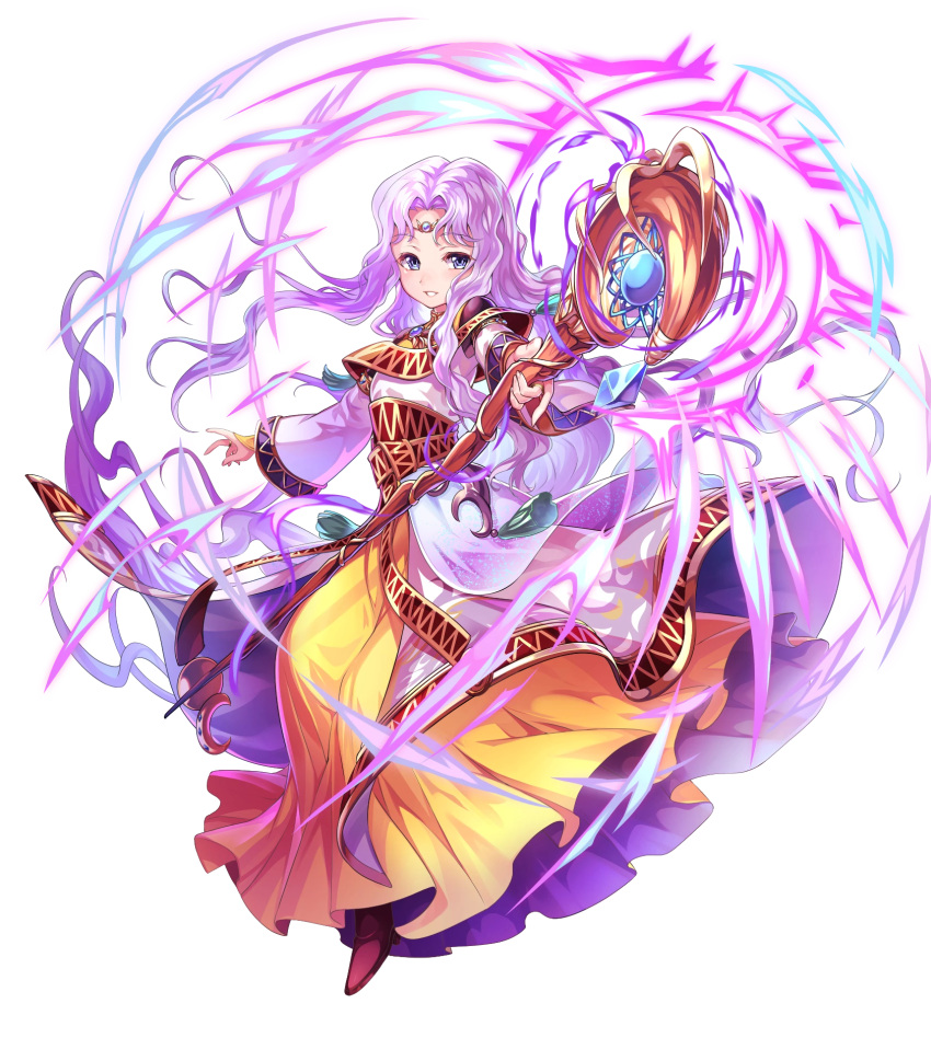 1girl bangs blue_eyes brown_footwear chachie circlet dress eyebrows_visible_through_hair fire_emblem fire_emblem:_thracia_776 fire_emblem_heroes full_body glowing highres holding long_dress long_hair long_sleeves looking_at_viewer official_art parted_bangs parted_lips pink_hair sara_(fire_emblem) shiny shiny_hair smile solo staff transparent_background wide_sleeves