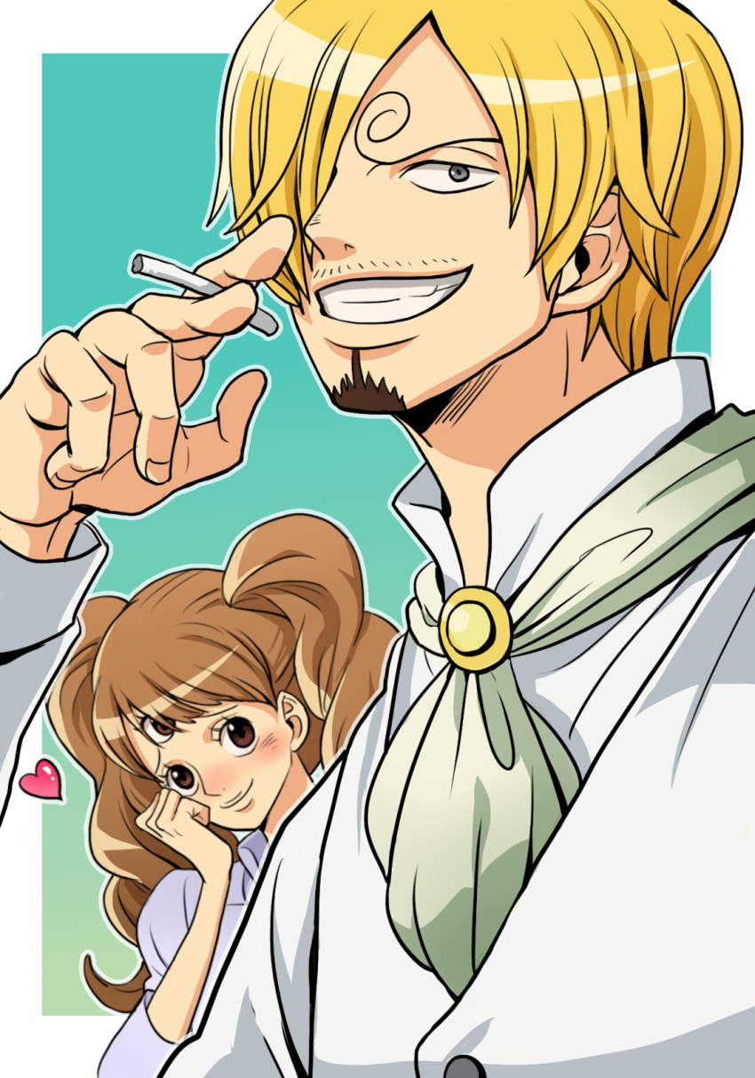 1boy 1girl bangs blonde_hair blush charlotte_pudding cigarette cravat facial_hair goatee hair_over_one_eye heart hetero highres living_(pixiv5031111) long_hair looking_at_another official_alternate_costume one_piece sanji smile spoilers swept_bangs third_eye twintails