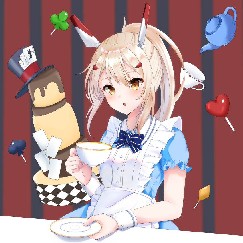 1girl absurdres alice_(wonderland) alice_(wonderland)_(cosplay) alice_in_wonderland apron ayanami_(azur_lane) azur_lane blonde_hair blue_dress blush commentary_request cosplay cup dress halloween headgear high_ponytail highres konparu_uran long_hair orange_eyes ponytail retrofit_(azur_lane) sidelocks solo teacup