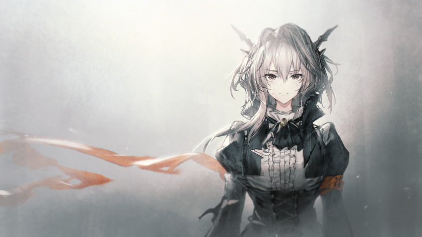 1girl arknights armband ascot brooch dragon_horns grey_background grey_eyes horns jewelry juliet_sleeves long_sleeves looking_at_viewer medium_hair official_art puffy_sleeves reunion_logo_(arknights) shirt shrug_(clothing) silver_hair smile solo spoilers talulah_(arknights) underbust upper_body white_shirt wind wind_lift