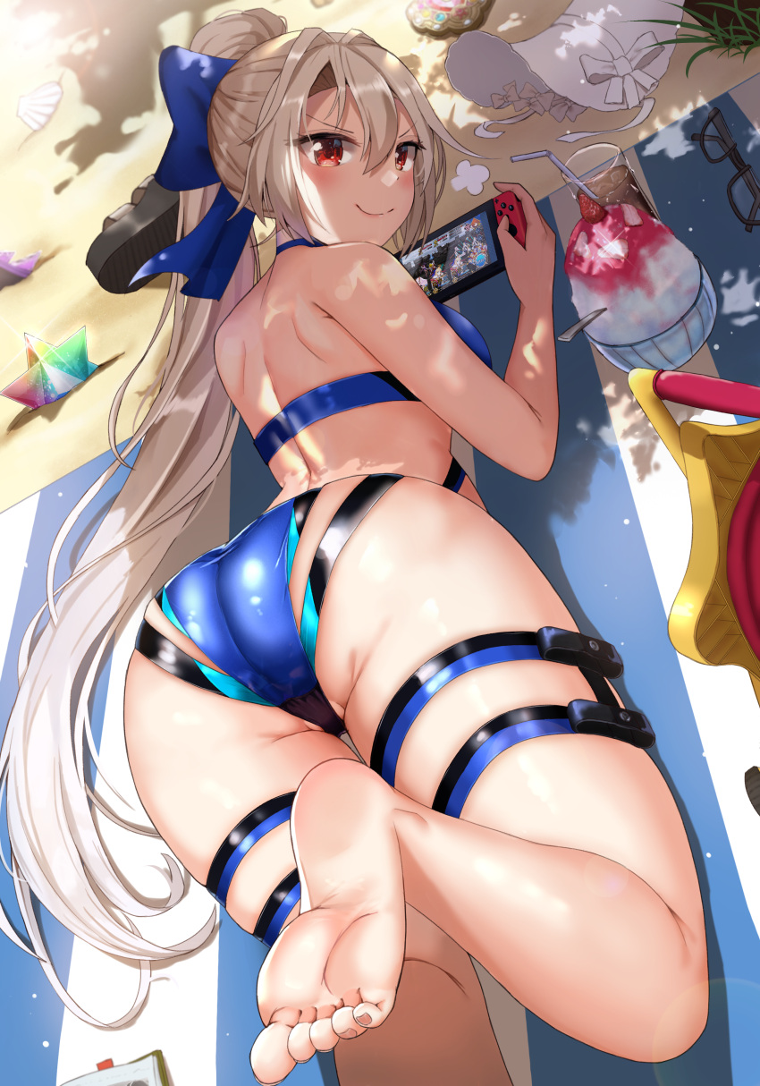 1girl absurdres ass back bangs beach beach_mat blue_bow blue_swimsuit blush bonnet boo_iro bow breasts cup fate/grand_order fate_(series) feet glasses hair_between_eyes hair_bow handheld_game_console highleg highleg_swimsuit highres holding holding_handheld_game_console large_breasts legs long_hair looking_at_viewer looking_back nintendo_switch one-piece_swimsuit playing_games ponytail red_eyes revision saint_quartz shaved_ice silver_hair smile soles swimsuit thighs toes tomoe_gozen_(fate/grand_order) tomoe_gozen_(swimsuit_saber)_(fate) two-tone_swimsuit white_swimsuit