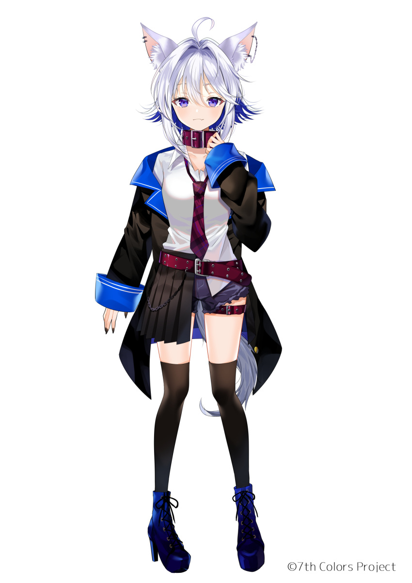 1girl 7th_colors_project ahoge animal_ear_fluff animal_ears bangs belt belt_buckle black_jacket black_legwear blue_footwear blue_hair boots buckle closed_mouth collar collarbone colored_inner_hair commentary_request cross-laced_footwear ear_piercing eyebrows_behind_hair fang fang_out full_body hair_between_eyes hair_intakes hand_up high_heel_boots high_heels highres jacket lace-up_boots long_sleeves looking_at_viewer multicolored_hair myusha necktie off_shoulder oinomori_leto open_clothes open_jacket piercing plaid_neckwear purple_belt purple_collar purple_neckwear purple_shorts short_shorts shorts silver_hair simple_background sleeves_past_wrists solo standing tail thigh-highs violet_eyes virtual_youtuber watermark white_background