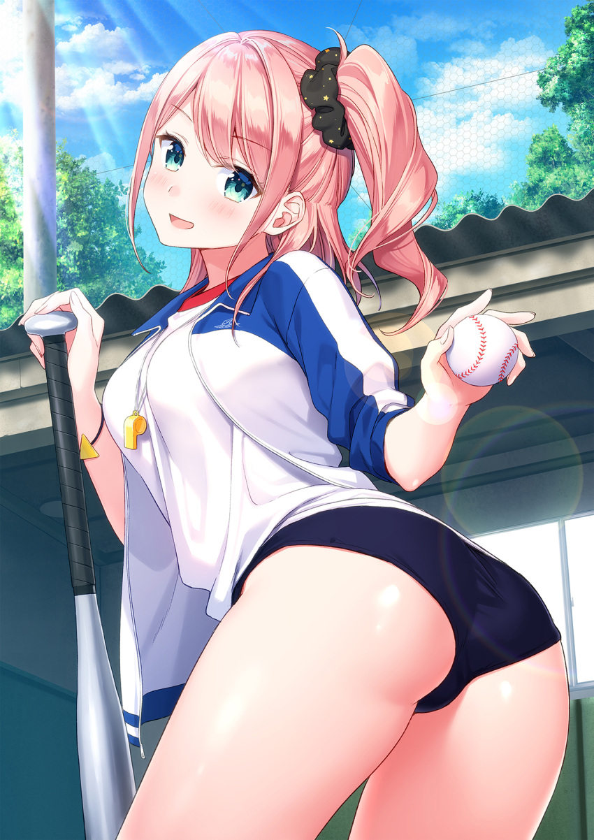 1girl amamane_2 aqua_eyes ass ball baseball_bat blush buruma cowboy_shot day eyebrows_visible_through_hair gym_uniform hair_ornament hair_scrunchie highres holding holding_ball holding_baseball_bat jacket lens_flare long_hair looking_at_viewer masuishi_kinoto nanami_yuri official_art open_clothes open_jacket open_mouth outdoors pink_hair scrunchie side_ponytail solo twisted_torso whistle whistle_around_neck