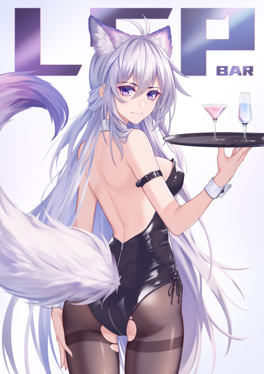 1girl absurdres animal_ears antenna_hair arm_strap ass backless_outfit bangs bare_arms bare_shoulders black_leotard breasts commentary_request cowboy_shot cup drinking_glass from_behind grey_background grey_legwear hair_between_eyes hand_up highres holding holding_tray kirby_d_a large_breasts leotard long_hair looking_at_viewer looking_back original pantyhose playboy_bunny_leotard silver_hair smile solo standing strapless strapless_leotard tail thighband_pantyhose thighs tray very_long_hair violet_eyes wine_glass wolf_ears wolf_tail wrist_cuffs