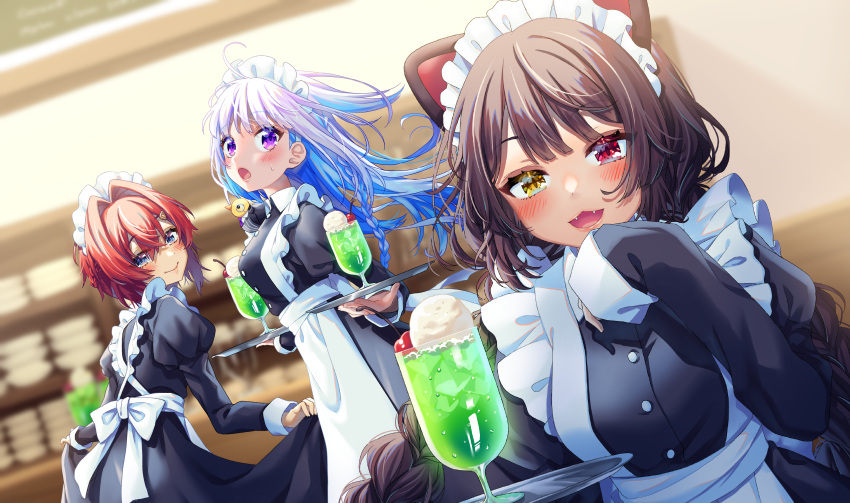 3girls absurdres ange_katrina apron blue_eyes blue_hair blush braid breasts brown_eyes brown_hair closed_mouth dress dress_lift drink fangs heterochromia highres hina_(hinalovesugita) huge_filesize indoors inui_toko large_breasts lize_helesta long_hair looking_at_viewer maid maid_apron maid_cafe maid_dress maid_headdress multicolored_hair multiple_girls nijisanji open_mouth red_eyes redhead short_hair skirt skirt_lift smile standing sweatdrop twin_braids twintails violet_eyes virtual_youtuber waitress yellow_eyes