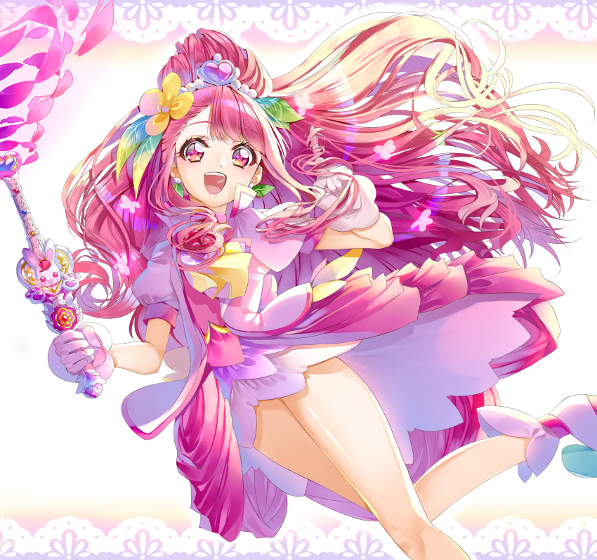 1girl :d absurdres cure_grace dress earrings floating_hair flower gloves hair_flower hair_ornament healin'_good_precure heart heart_hair_ornament high_ponytail highres holding holding_staff jewelry long_hair open_mouth pink_dress pink_eyes pink_hair precure rabirin_(precure) shiny shiny_hair shiny_skin short_dress smile solo staff very_long_hair white_background white_dress white_footwear white_gloves yellow_flower yuutarou_(fukiiincho)