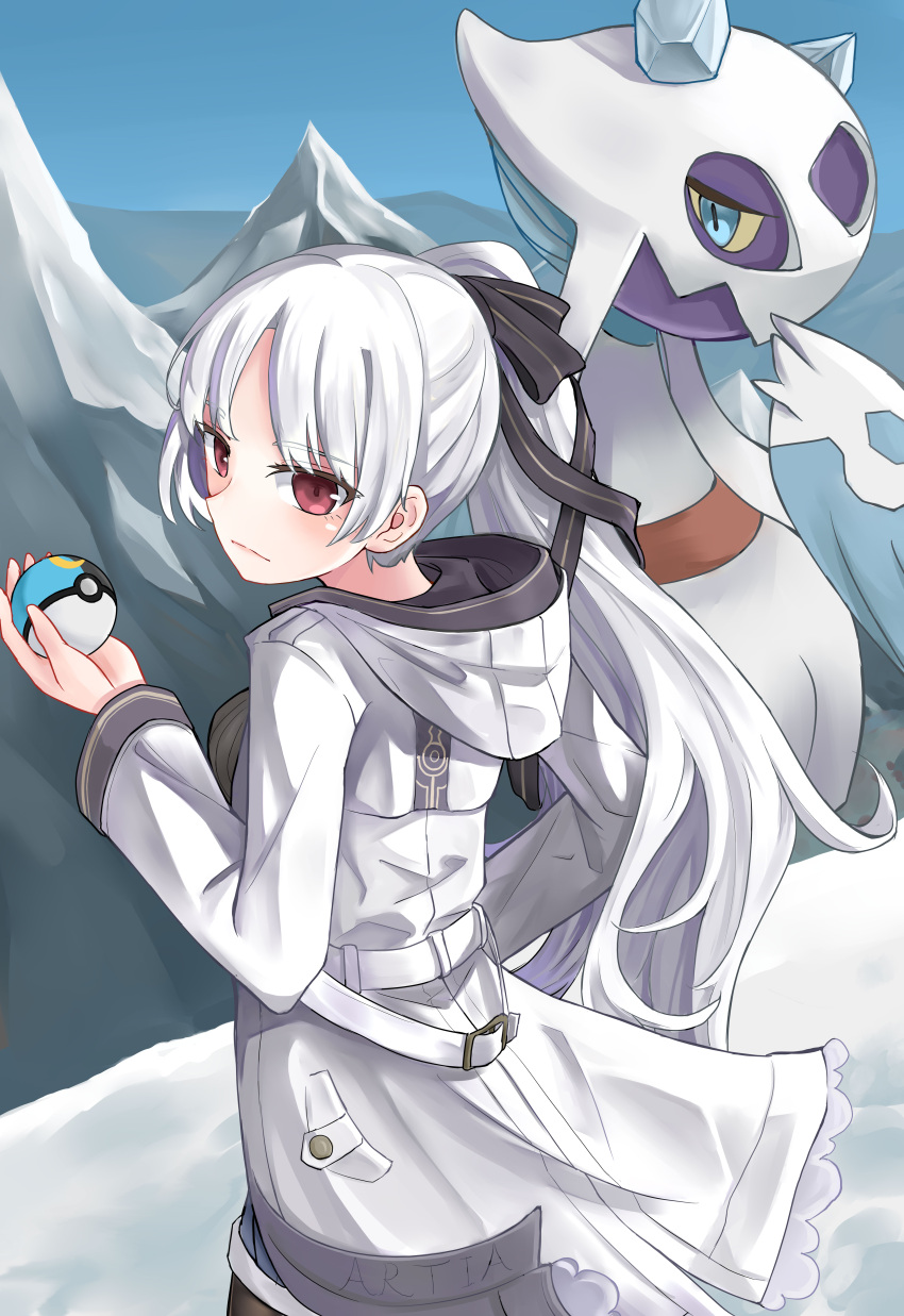 1girl absurdres artia bangs blue_eyes chinese_commentary heluo_official highres holding holding_poke_ball hololive hololive_china hood hoodie looking_at_viewer poke_ball pokemon pokemon_(creature) ponytail red_eyes tied_hair virtual_youtuber white_hair