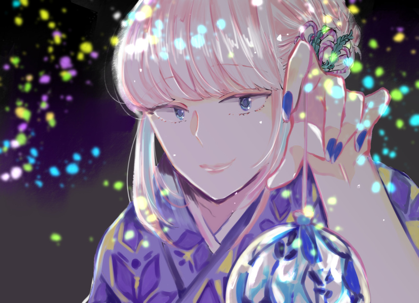 1girl bangs blonde_hair blue_eyes blue_kimono blush eyebrows_visible_through_hair floral_print flower hair_flower hair_ornament japanese_clothes katou_asuka kimono long_hair looking_at_viewer toll_shi watashi_ga_motenai_no_wa_dou_kangaetemo_omaera_ga_warui! yukata