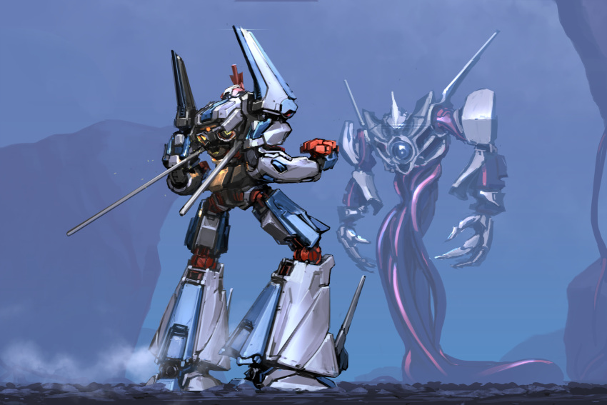 blue_eyes clenched_hands from_behind glowing glowing_eyes highres ksenolog leaning_forward looking_at_another mecha no_humans open_hands original standing