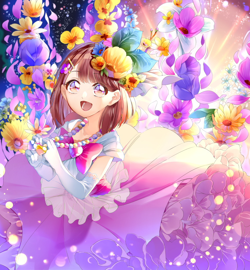 1girl :d absurdres blue_flower brown_eyes brown_hair collarbone flower gloves hair_flower hair_ornament hairclip hanadera_nodoka healin'_good_precure heart_pendant highres jewelry layered_skirt lens_flare long_skirt looking_at_viewer medium_hair necklace open_mouth pink_neckwear pink_skirt precure purple_flower shiny shiny_hair shirt short_sleeves skirt smile solo white_gloves white_shirt yellow_flower yuutarou_(fukiiincho)