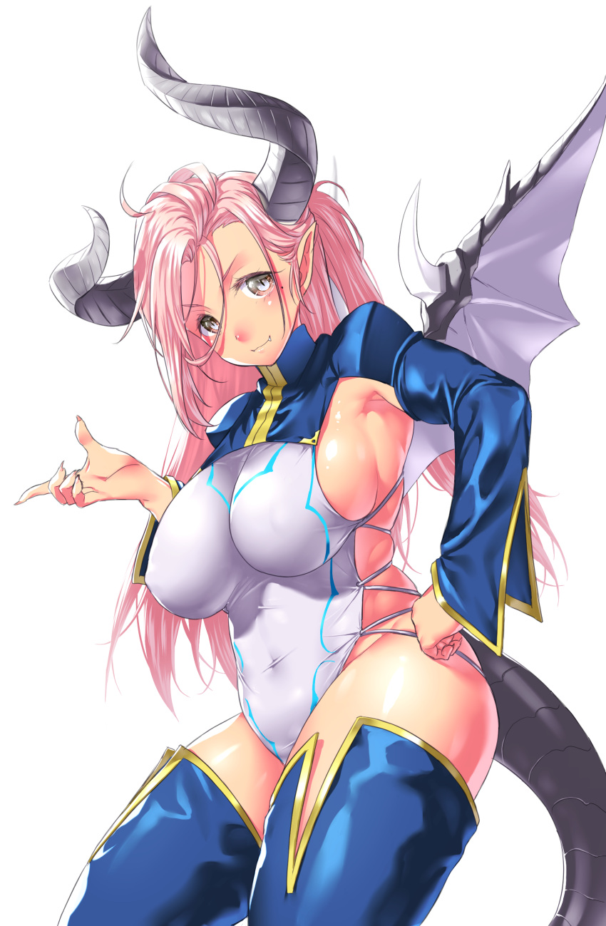 1girl absurdres armpits blue_legwear breasts covered_navel cowboy_shot dragon_girl dragon_horns dragon_tail dragon_wings fingernails from_side grey_eyes hand_up head_tilt highres horns huge_breasts leotard long_hair long_sleeves looking_at_viewer multicolored multicolored_eyes onsoku_inu original pink_eyes pink_hair pointy_ears ringed_eyes sharp_fingernails shrug_(clothing) sideboob simple_background slit_pupils smile solo tail thigh-highs white_background white_leotard wings