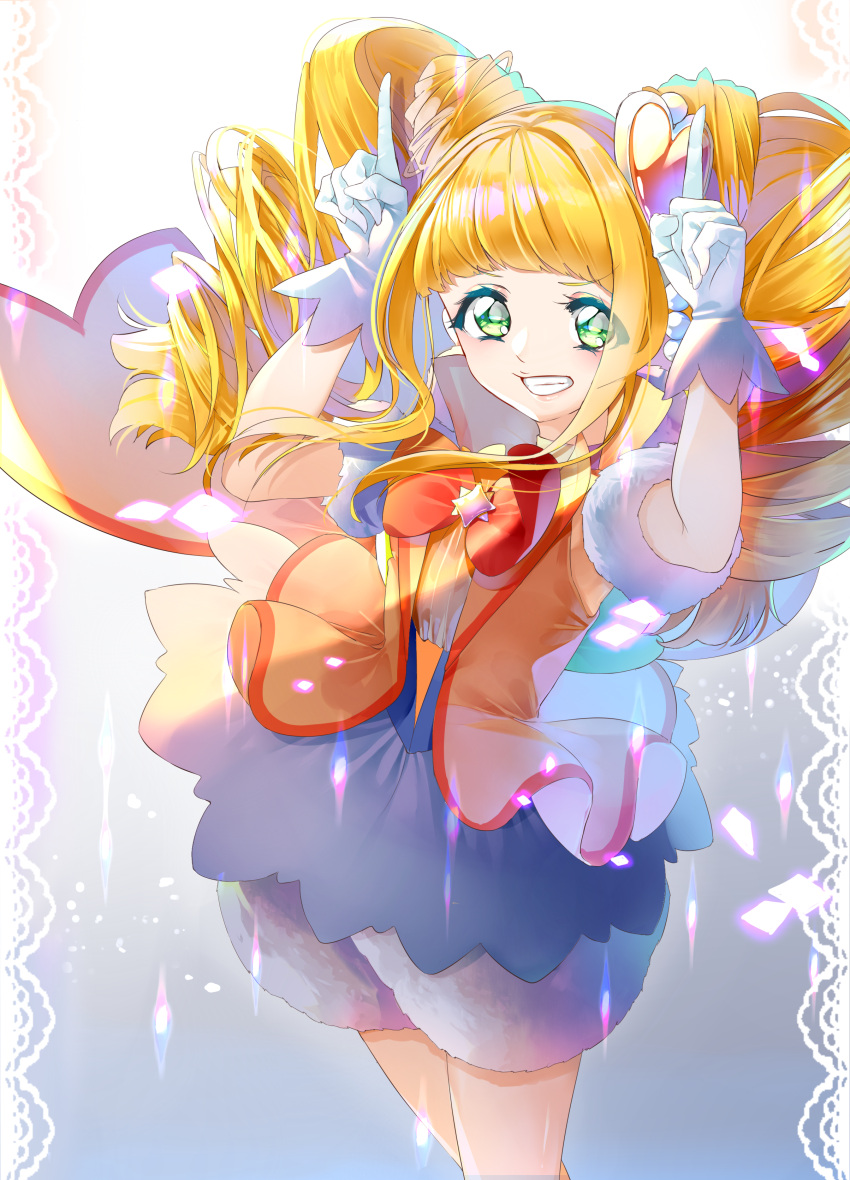 1girl absurdres bangs blonde_hair blunt_bangs bow bowtie cure_sparkle floating_hair gloves green_eyes grey_skirt grin hair_ornament healin'_good_precure heart heart_hair_ornament highres index_finger_raised long_hair miniskirt precure puffy_shorts red_bow red_neckwear shiny shiny_hair short_sleeves shorts shorts_under_skirt skirt smile solo standing twintails very_long_hair white_gloves white_shorts yuutarou_(fukiiincho)