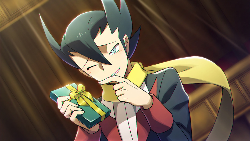 1boy bangs black_jacket blush box commentary_request gift gift_box green_hair grimsley_(pokemon) hair_between_eyes hands_up highres holding indoors jacket lobolobo2010 long_sleeves male_focus one_eye_closed parted_lips pokemon pokemon_(game) pokemon_bw ribbon scarf shirt smile solo white_shirt yellow_ribbon yellow_scarf