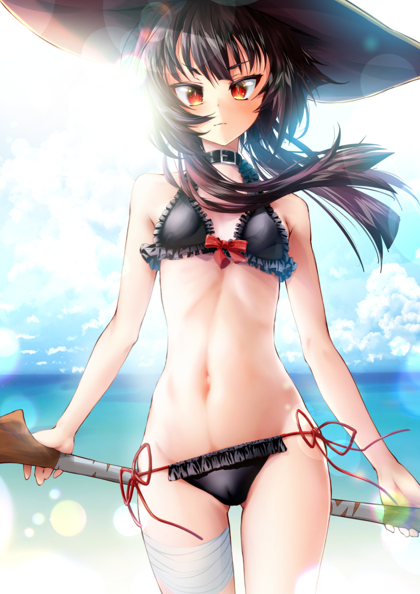 1girl alternate_costume ass_visible_through_thighs bandaged_leg bandages beach bikini black_bikini black_collar blush breasts brown_hair cluseller collar commentary_request cowboy_shot cross-eyed day hat highres holding holding_staff kono_subarashii_sekai_ni_shukufuku_wo! lens_flare long_hair looking_at_viewer megumin navel ocean outdoors red_eyes red_ribbon ribbon short_hair_with_long_locks side-tie_bikini sidelocks small_breasts solo staff standing swimsuit v-shaped_eyebrows wind witch_hat