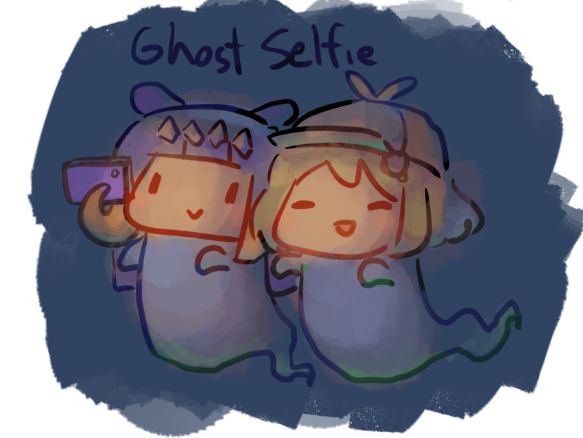 2girls :&gt; :d blonde_hair cellphone chibi commentary english_text ghost ghost_tail hat highres hololive hololive_english kirbym multiple_girls ninomae_ina'nis open_mouth phone prehensile_hair purple_hair smile tentacle_hair watson_amelia |_| ||_||