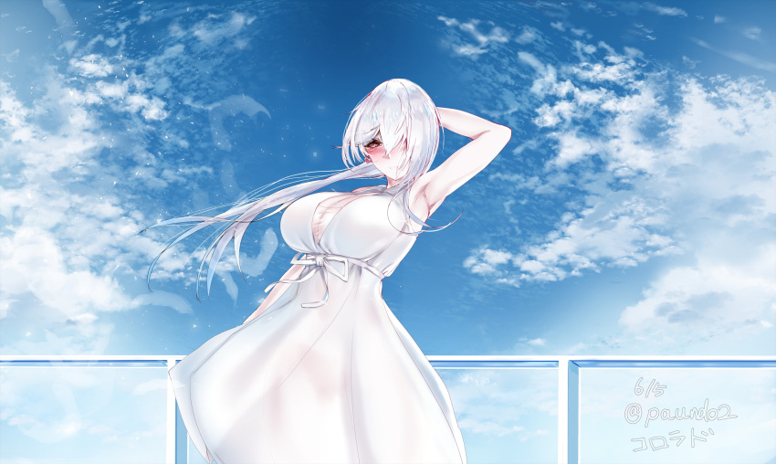 1girl armpits artist_name azur_lane blue_sky blush breasts casual cleavage_cutout clothing_cutout colorado_(azur_lane) dress earrings hair_over_one_eye hand_in_hair heart heart_earrings highres jewelry large_breasts long_hair looking_at_viewer pale_skin paundo2 red_eyes see-through sky sleeveless sleeveless_dress white_dress